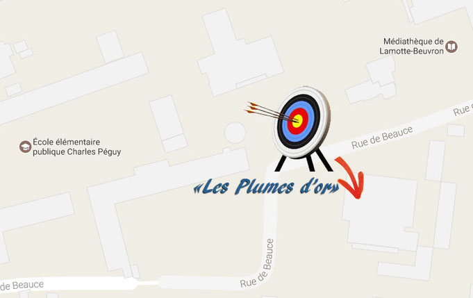 Plan d'accès : le club Les Plumes d'or est situé rue de Beauce à Lamotte-Beuvron, près de la médiathèque et de l'école élémentaire Charles Péguy.